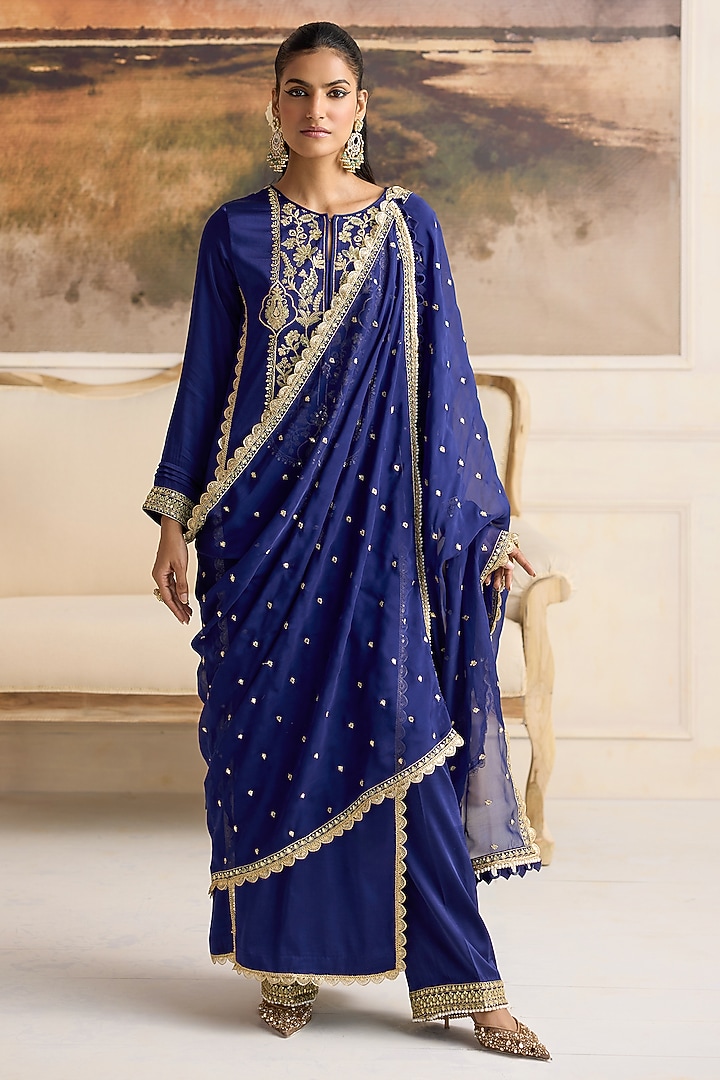 Royal Blue Modal Satin Thread Work Kurta Set by RINESSA at Pernia's Pop Up Shop