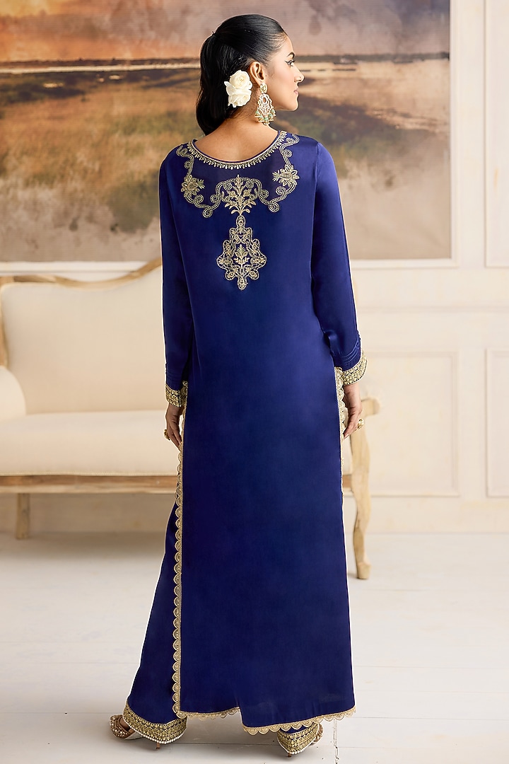 Royal Blue Modal Satin Thread Work Kurta Set by RINESSA at Pernia's Pop Up Shop