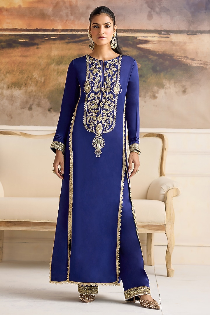 Royal Blue Modal Satin Thread Work Kurta Set by RINESSA at Pernia's Pop Up Shop