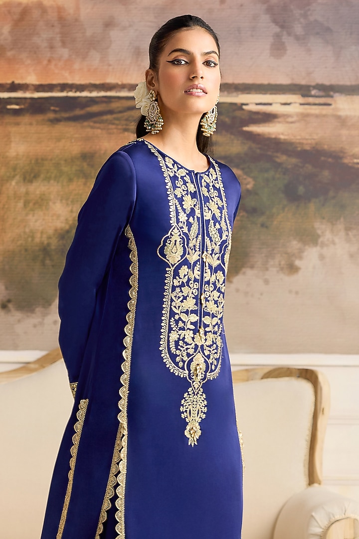Royal Blue Modal Satin Thread Work Kurta Set by RINESSA at Pernia's Pop Up Shop