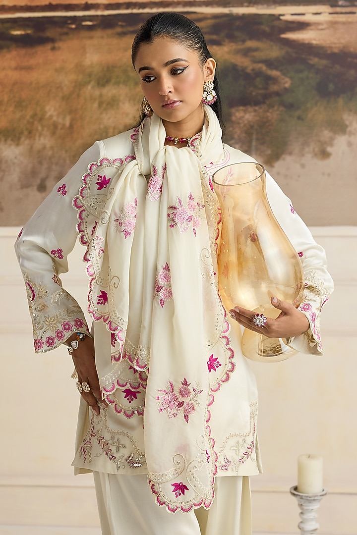 Ivory Modal Satin Thread Work Kurta Set by RINESSA at Pernia's Pop Up Shop