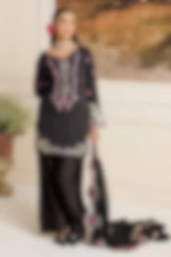 Black Modal Satin Thread Work Kurta Set by RINESSA at Pernia's Pop Up Shop