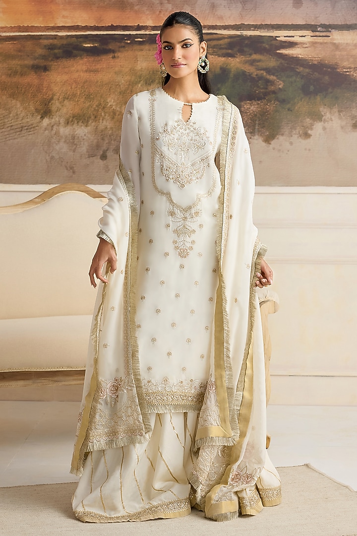 Ivory Organza Zari Work Gharara Set by RINESSA at Pernia's Pop Up Shop