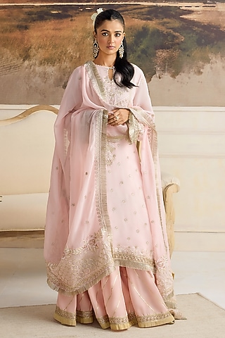 Pink Organza Zari Work Gharara Set by RINESSA