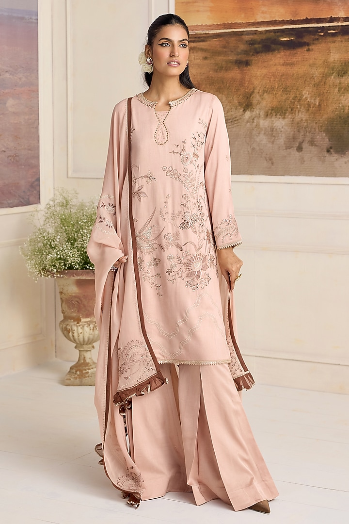 Mocha-Colored Silk Organza Thread Work Kurta Set by RINESSA at Pernia's Pop Up Shop