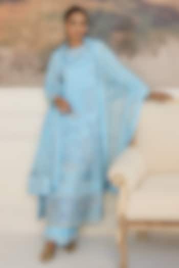 Blue Silk Organza Thread Work Kurta Set by RINESSA at Pernia's Pop Up Shop