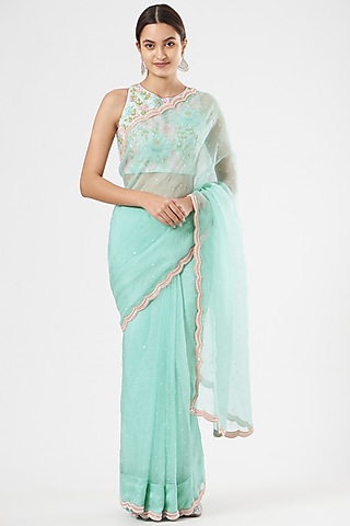 Sky Blue Silk Organza Saree by Rajat & shradda