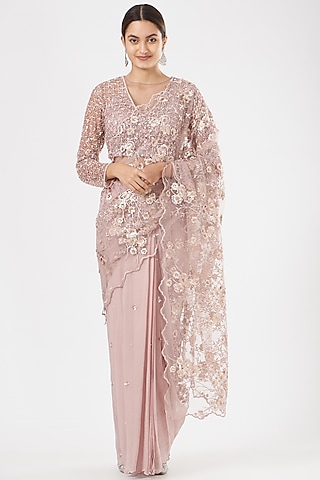 Blush Pink Draped Sequins-Embroidered Saree by Rajat & shradda