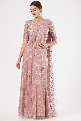 Blush Pink Mirror-Embroidered Draped Saree by Rajat & shradda