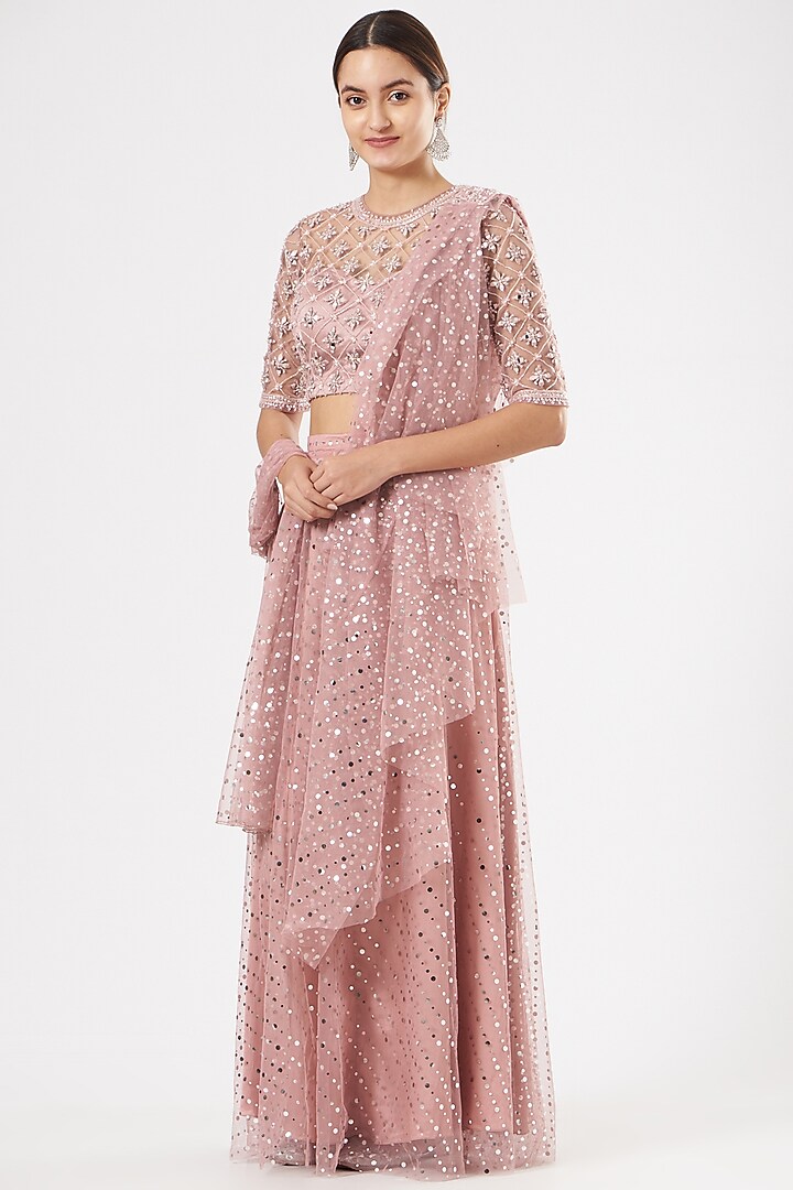 Blush Pink Mirror-Embroidered Draped Wedding Saree by Rajat & shradda at Pernia's Pop Up Shop
