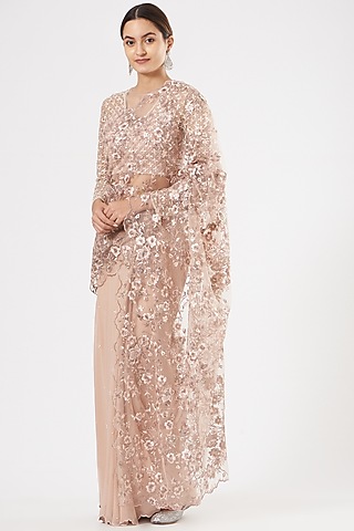Nude Sequins-Embroidered Draped Saree by Rajat & shradda