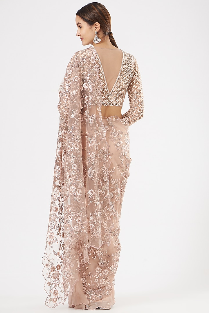 Nude Sequins-Embroidered Draped Wedding Saree by Rajat & shradda at Pernia's Pop Up Shop