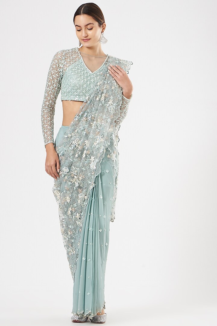Powder Blue Sequins-Embroidered Draped Saree by Rajat & shradda