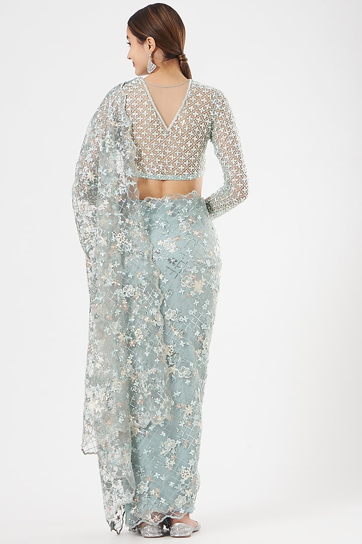 Powder Blue Sequins-Embroidered Draped Wedding Saree by Rajat & shradda at Pernia's Pop Up Shop