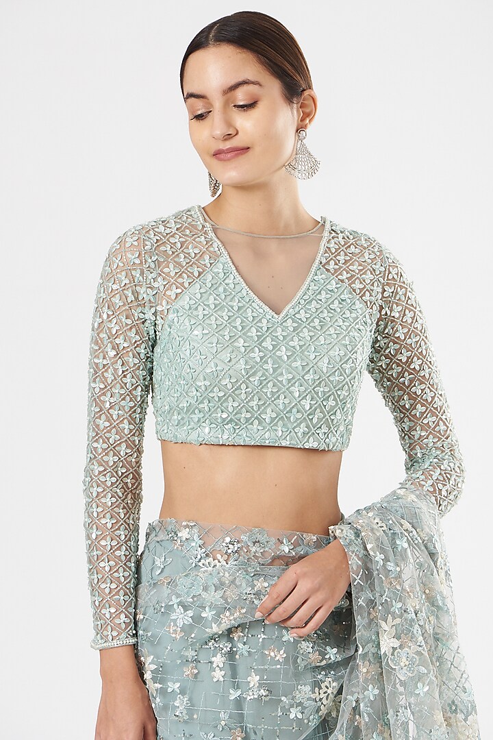 Powder Blue Sequins-Embroidered Draped Wedding Saree by Rajat & shradda at Pernia's Pop Up Shop