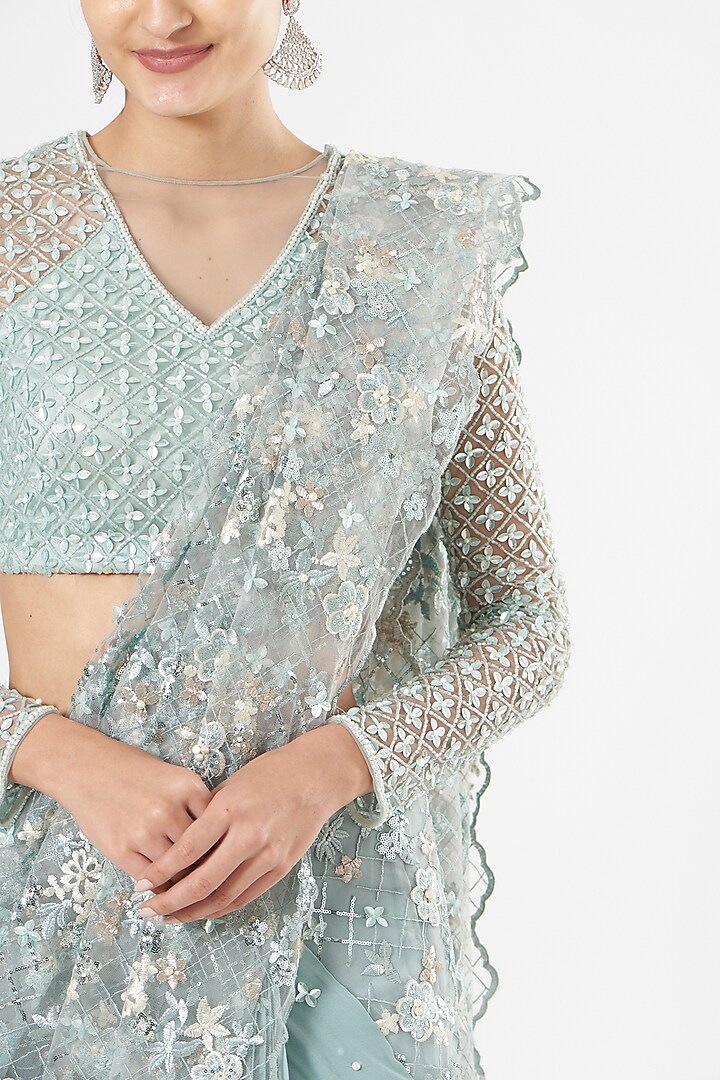 Powder Blue Sequins-Embroidered Draped Wedding Saree by Rajat & shradda at Pernia's Pop Up Shop