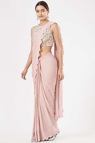 Blush Pink Scalloped Draped Saree by Rajat & shradda