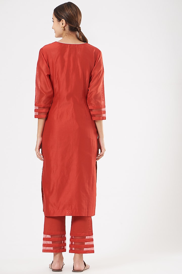 Red Thread Work Embroidered Kurta Set by Rajat & shradda at Pernia's Pop Up Shop