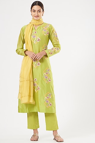 Lime Green Thread Work Embroidered Kurta Set by Rajat & shradda