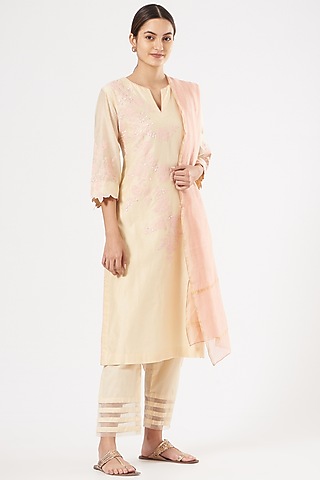 Nude Dori-Embroidered Kurta Set by Rajat & shradda