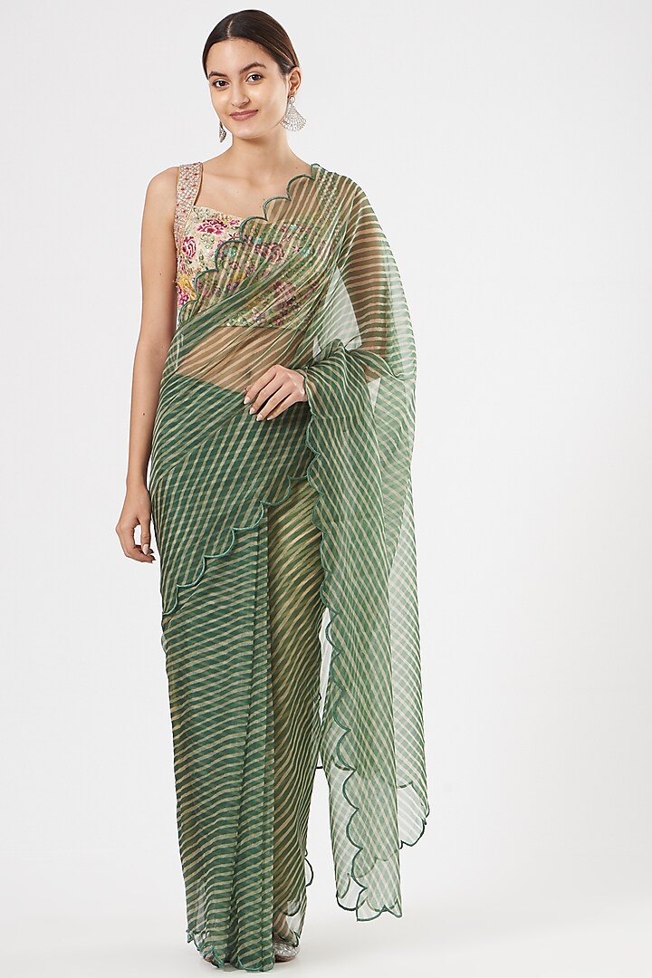 Emerald Green Leheriya Saree by Rajat & shradda
