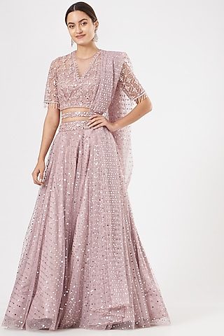 Mauve Mirror-Embroidered Lehenga Set by Rajat & shradda