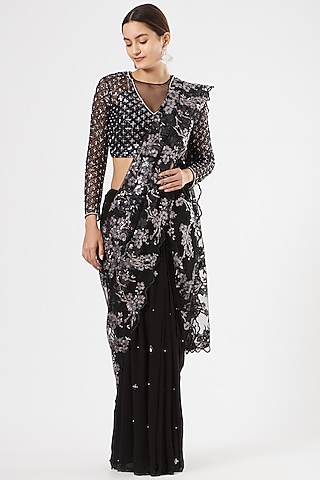 Black Sequins-Embroidered Draped Saree by Rajat & shradda