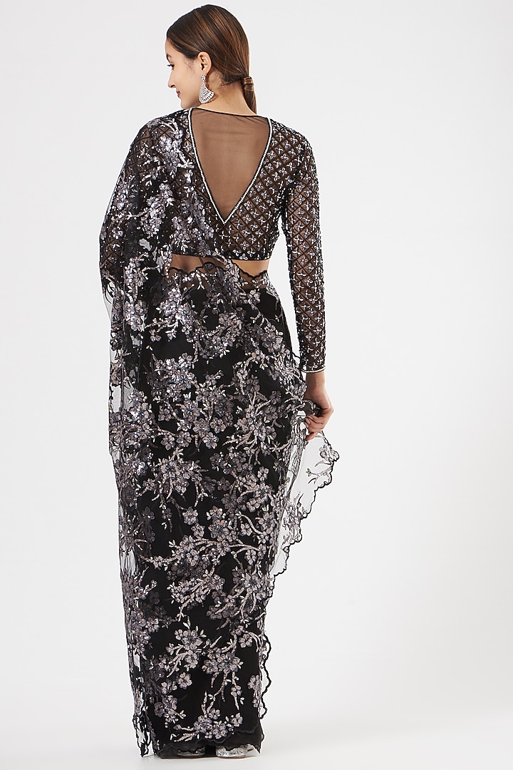 Black Sequins-Embroidered Draped Wedding Saree by Rajat & shradda at Pernia's Pop Up Shop