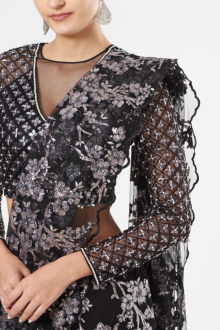 Black Sequins-Embroidered Draped Wedding Saree by Rajat & shradda at Pernia's Pop Up Shop