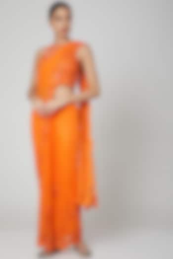 Orange Net Floral Sequins Embroidered Pre-Stitched Saree Set by Rajat & shradda