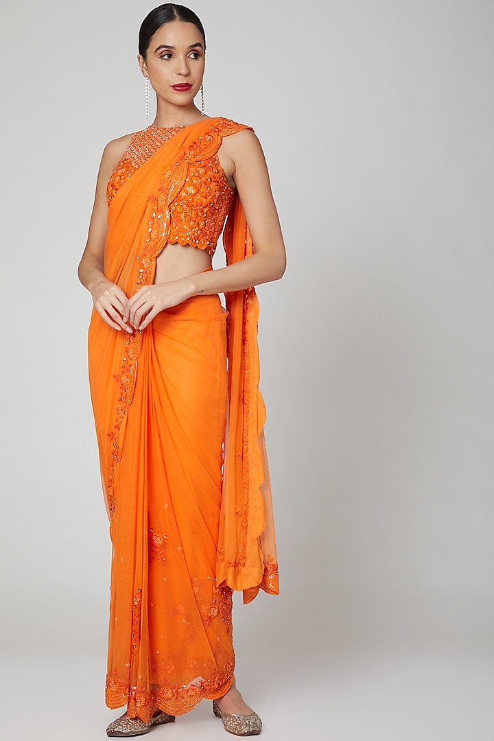Orange Net Floral Sequins Embroidered Pre-Stitched Saree Set by Rajat & shradda