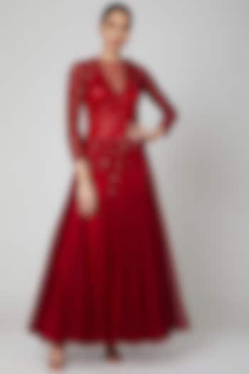 Red Embroidered Gown by Rajat & shradda