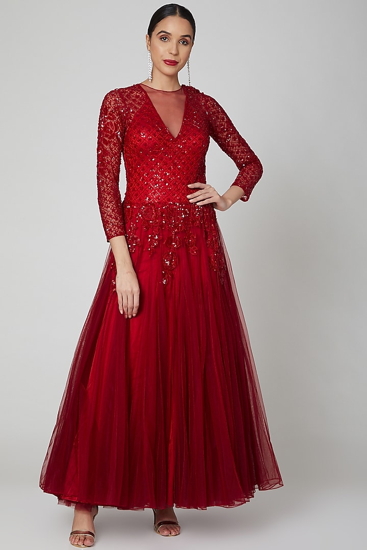 Red Embroidered Gown by Rajat & shradda