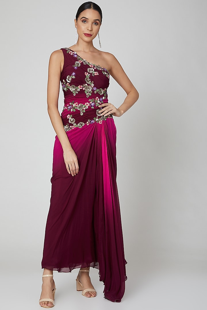 Fuchsia & Purple Ombre Embroidered Gown by Rajat & shradda at Pernia's Pop Up Shop