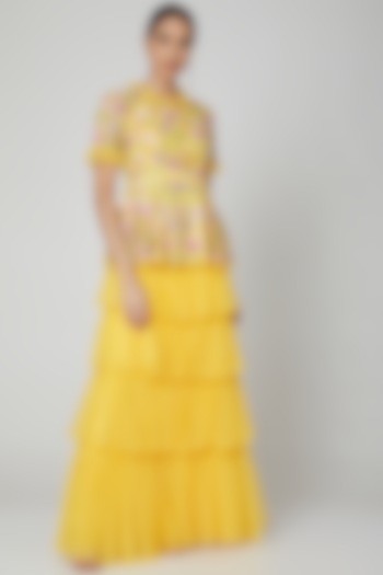 Yellow Embroidered Top With Skirt by Rajat & shradda