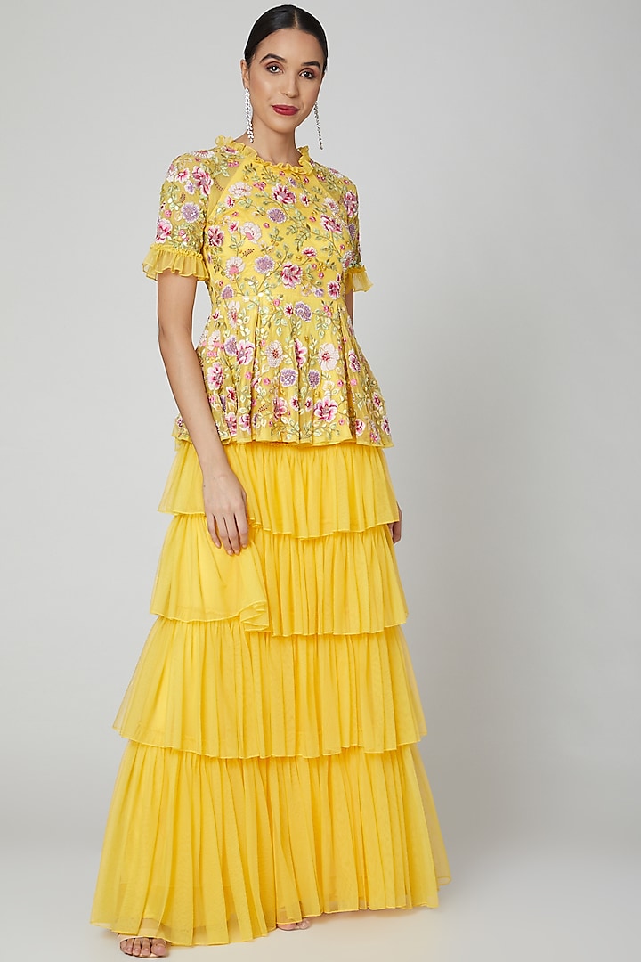 Yellow Embroidered Top With Skirt by Rajat & shradda