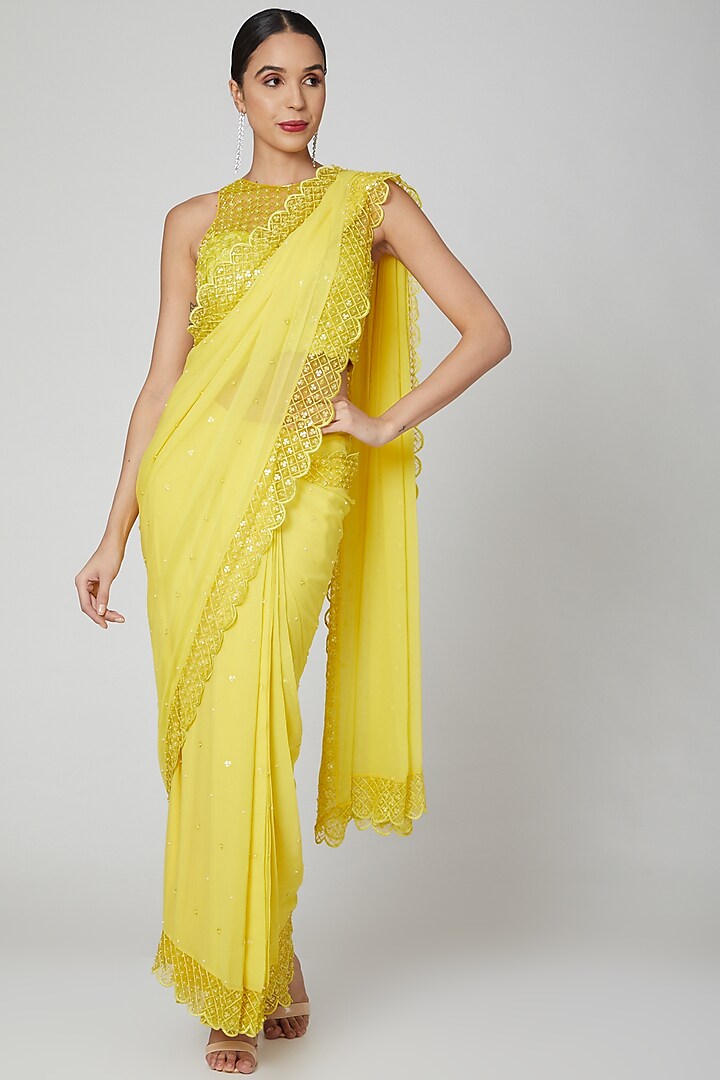 Yellow Georgette Floral Sequins Embroidered Pre-Stitched Saree Set by Rajat & shradda