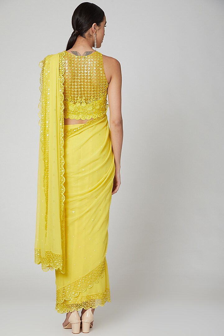 Yellow Georgette Floral Sequins Embroidered Pre-Stitched Wedding Saree Set by Rajat & shradda at Pernia's Pop Up Shop