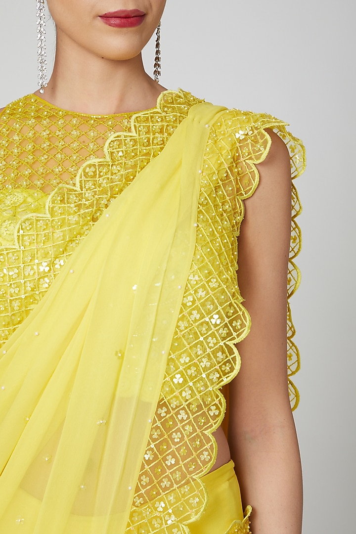 Yellow Georgette Floral Sequins Embroidered Pre-Stitched Wedding Saree Set by Rajat & shradda at Pernia's Pop Up Shop