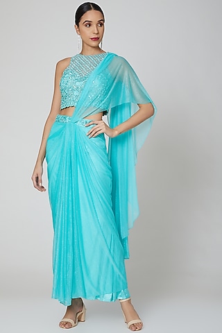 Aquamarine Blue Embroidered Pre-Stitched Saree Set by Rajat & shradda