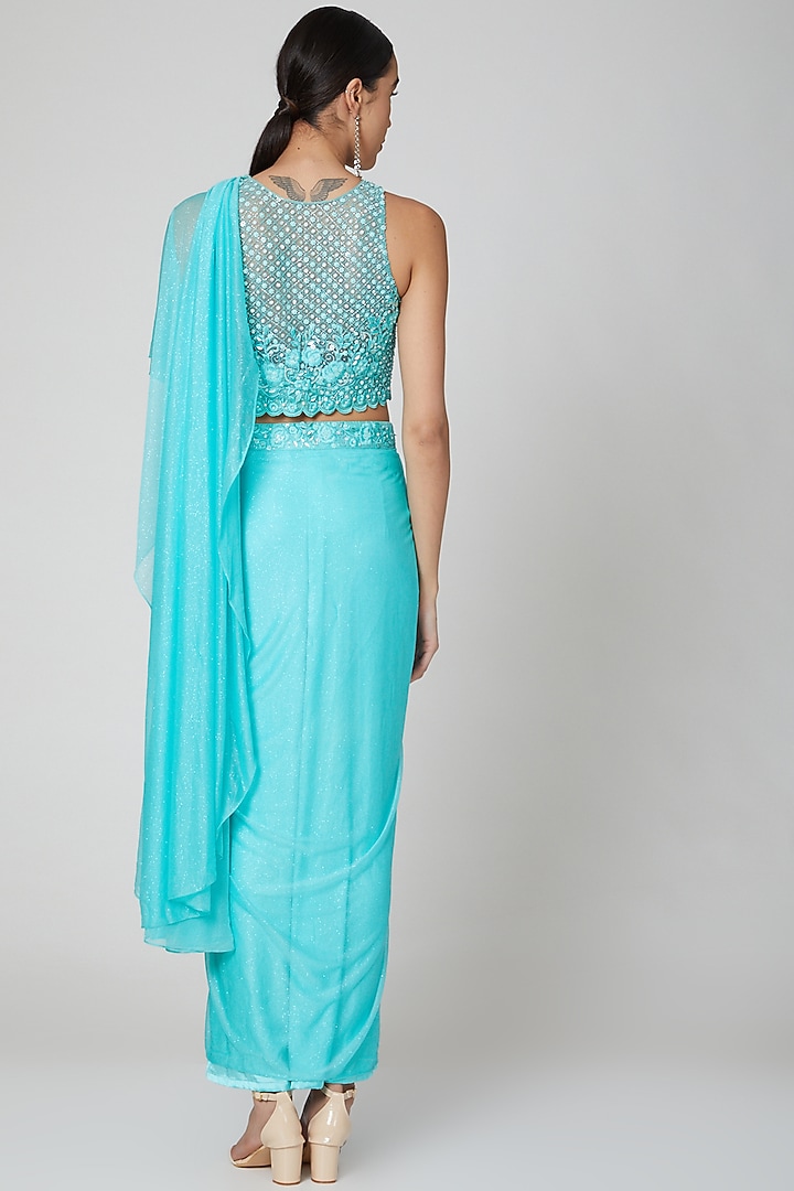 Aquamarine Blue Embroidered Pre-Stitched Wedding Saree Set by Rajat & shradda at Pernia's Pop Up Shop