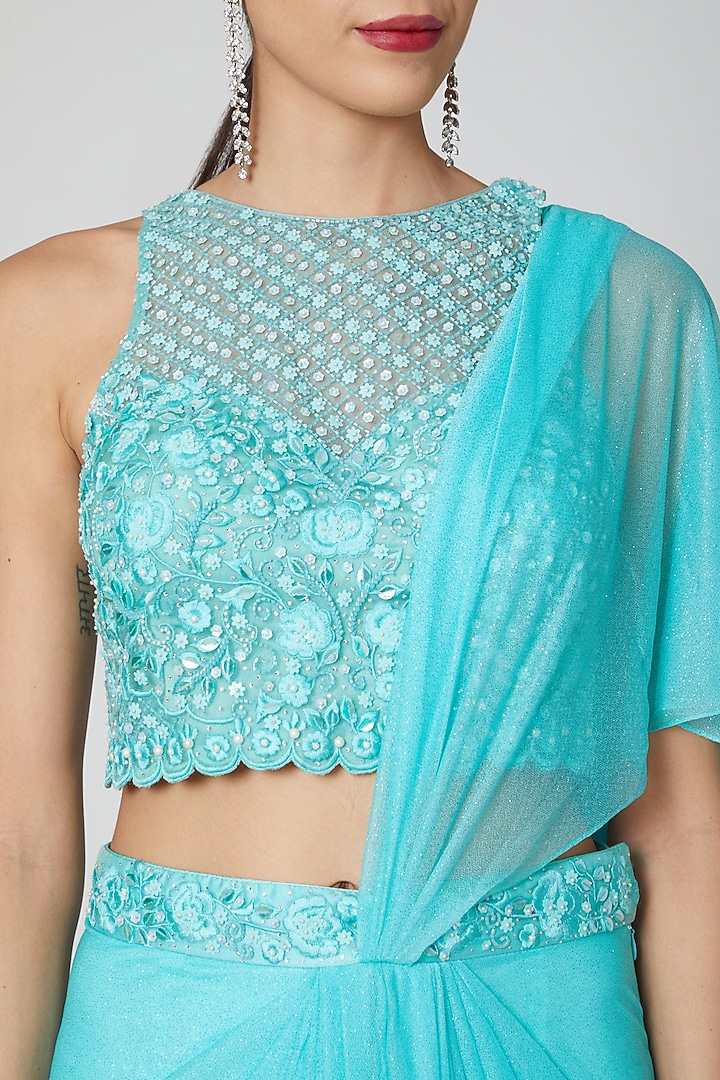 Aquamarine Blue Embroidered Pre-Stitched Wedding Saree Set by Rajat & shradda at Pernia's Pop Up Shop