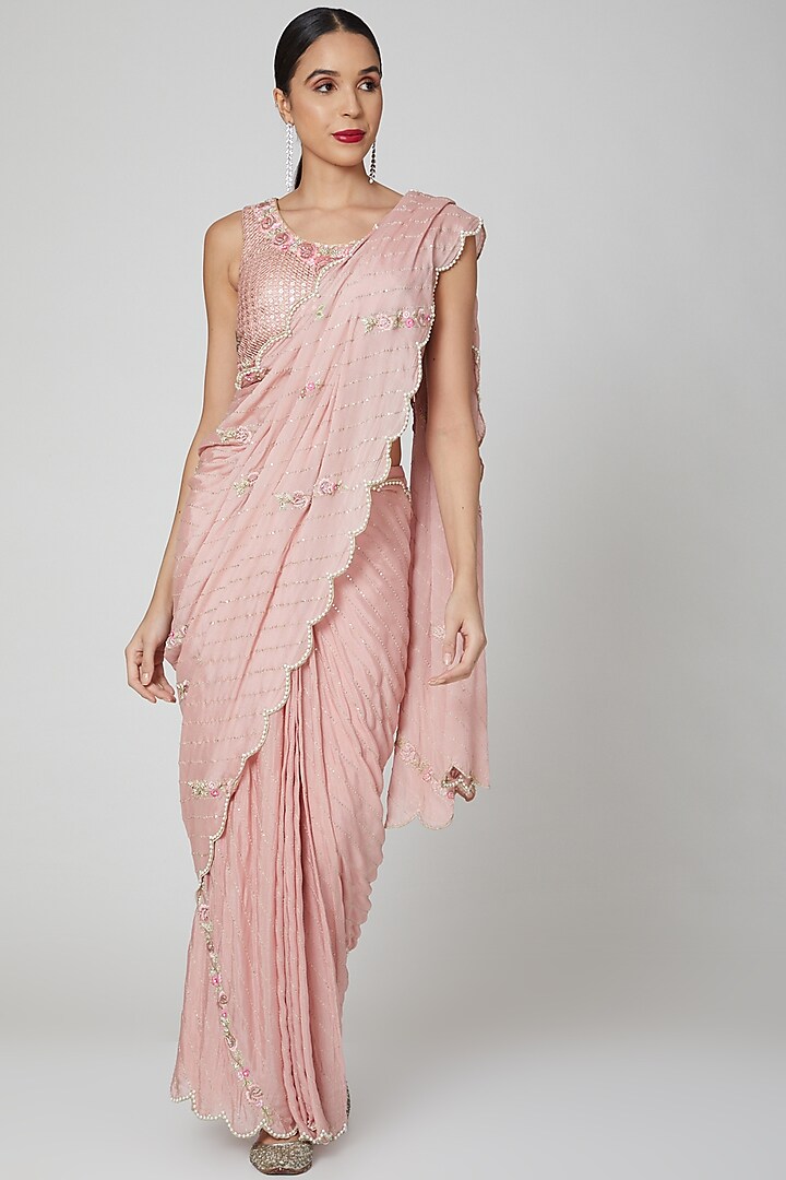 Pink Zari Embroidered Saree Set by Rajat & shradda