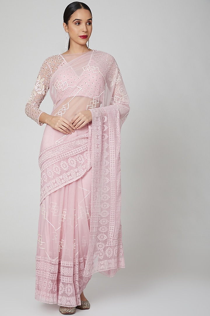 Pink Embroidered Saree Set by Rajat & shradda