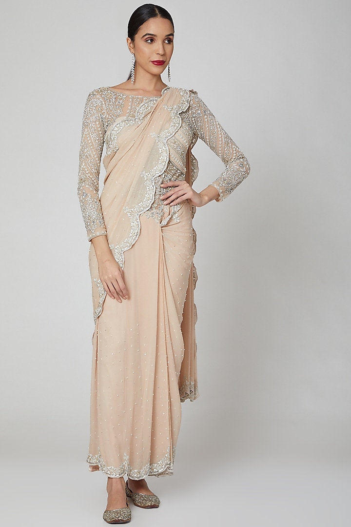 Nude Embroidered Saree Gown by Rajat & shradda