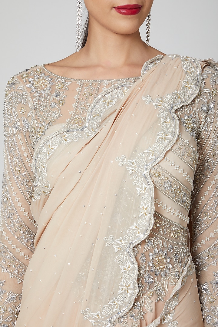 Nude Embroidered Wedding Saree Gown by Rajat & shradda at Pernia's Pop Up Shop