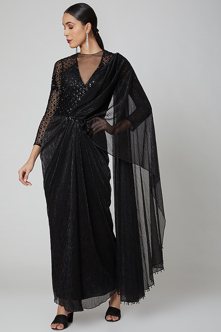 Black Embroidered Saree Set by Rajat & shradda