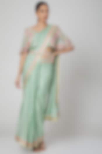Mint Green Draped Saree Set by Rajat & shradda