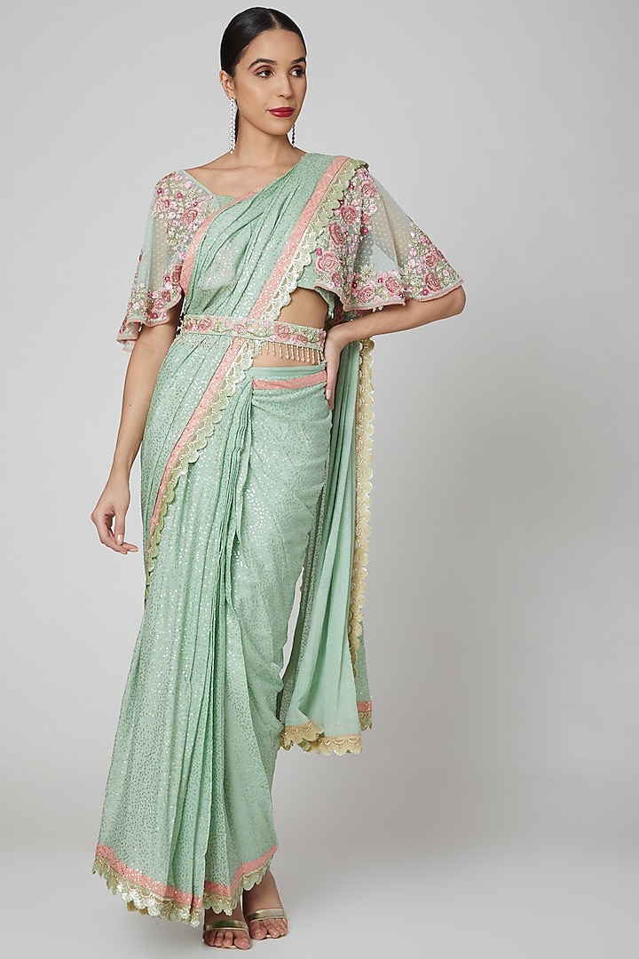 Mint Green Draped Saree Set by Rajat & shradda