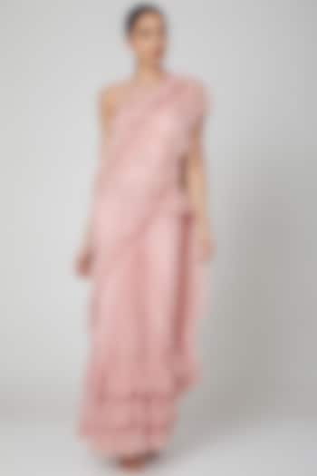 Blush Pink Tulle Saree Gown Set by Rajat & shradda